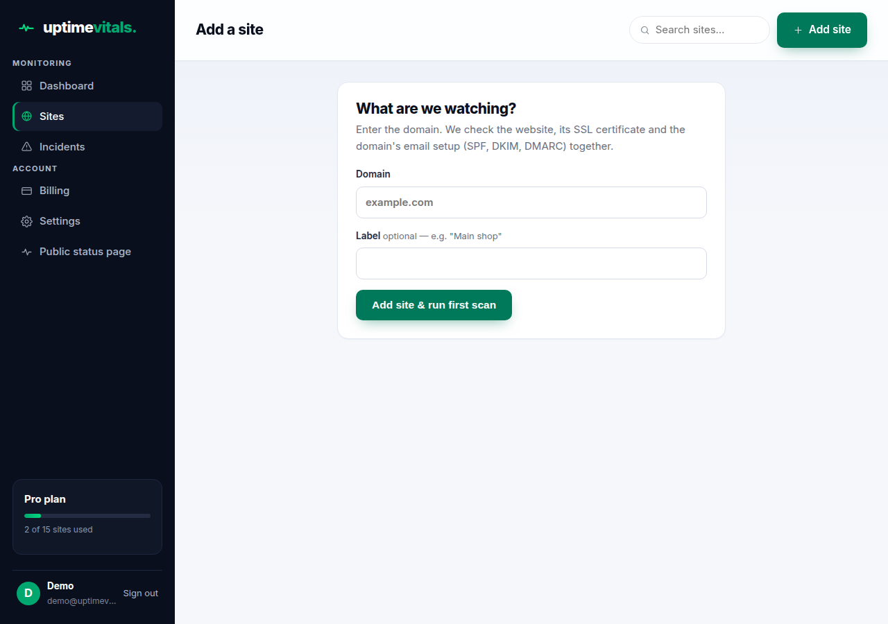 The Add a site form
