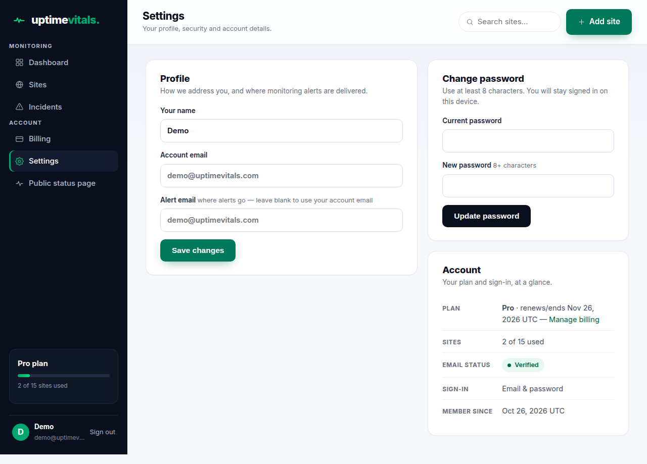 The Settings page